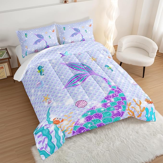 HOSIMA Mermaid Tail Comforter Set 3Pcs with 2 Pillowcases,Purple Fish Scales Bedding Set for Girls Kids Women,Cartoon Ocean Life Sea Animal King Size Comforter Set Mermaid Room Decor