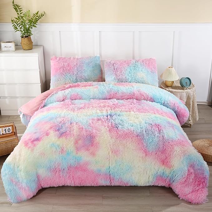 WINLIFE Shaggy Bedding Comforter Set Faux Fur Flannel Furry Comforter Microfiber Long Hair Fluffy Plush Comforter Sets Gradient Ombre Tie Dye MultiColor Bedding for Girls Adults (3Pcs, Full, Rainbow)