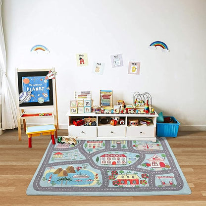 Non-slip Kids Playmat Rug for Playroom, 3'x 5' Blue Washable Children's Educational Rugs, Learning & Have Fun Safely City Life Road Traffic Play Mat Carpet for Baby Room Bedroom