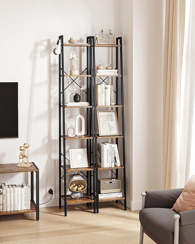Ladder Shelf, Bookshelf Bookcase, Freestanding Corner Storage Shelve with 2 Hooks for Home Office, Living Room, Kitchen, Bedroom, Industrial, 6-Tier Rustic Brown BC13301B