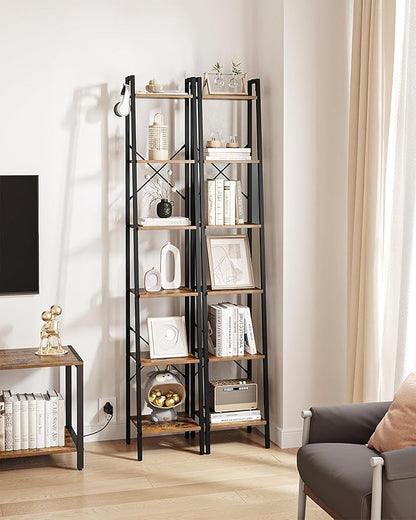Ladder Shelf, Bookshelf Bookcase, Freestanding Corner Storage Shelve with 2 Hooks for Home Office, Living Room, Kitchen, Bedroom, Industrial, 6-Tier Rustic Brown BC13301B