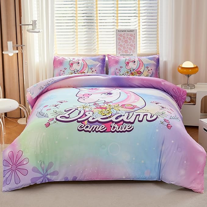 Unicorn Comforter Twin,Girls Pink Comforter Set,Kids Twin Comforter Set for Girls,Teen Girl Purple Unicorn Bedding Set Twin,Unicorn Room Decor with 2 Pillowcases