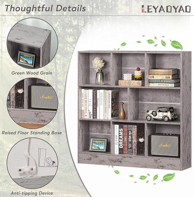 LEYAOYAO 8 Cube Bookshelf with Base,3 Tier Mid-Century Modern Grey Bookcase,Standing Wide Bookshelves Storage Organizer Shelf,Rustic Wood Display Cabinet Book Shelves for Bedroom,Living Room,Office