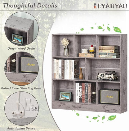 LEYAOYAO 8 Cube Bookshelf with Base,3 Tier Mid-Century Modern Grey Bookcase,Standing Wide Bookshelves Storage Organizer Shelf,Rustic Wood Display Cabinet Book Shelves for Bedroom,Living Room,Office