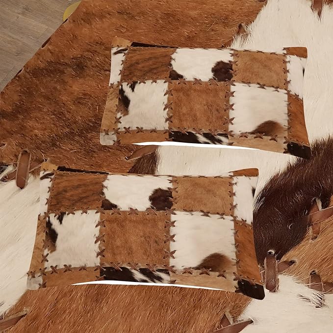 Tailor Shop Brown Cow Print Comforter Set King, Farmhouse Cow Print Bedding in A Bag, Leather Stitching Rustic Cowhide Comforter with 2 Matching Pillowcases Bedroom Decor……