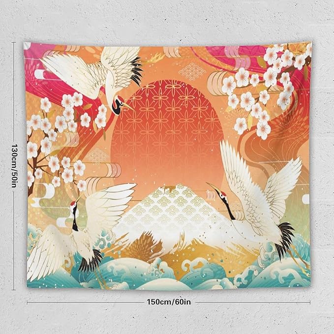HZOHNAGO Japanese Tapestry Cherry Blossom Crane Sea Wave Fuji Mountain Red Sun Pattern Printed Wall Tapestry Painting Wall Hanging for Bedroom Living Room Dorm 60" W x 50" H