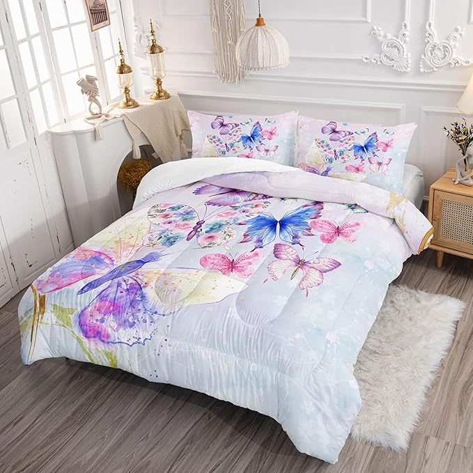 Datura home Watercolor Butterfly Comforter Bedding Set for Girls Kids Teens,Lightweight Colorful Floral Butterfly Printed Tie-dye with 2 Pillowcases(Watercolor Butterfly Full),Butterfly Purple