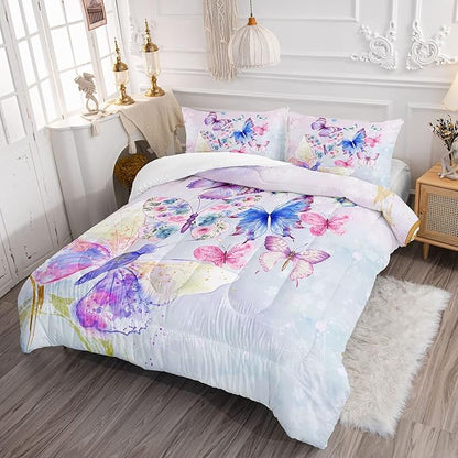 Datura home Watercolor Butterfly Comforter Bedding Set for Girls Kids Teens,Lightweight Colorful Floral Butterfly Printed Tie-dye with 2 Pillowcases(Watercolor Butterfly Twin),Butterfly Purple