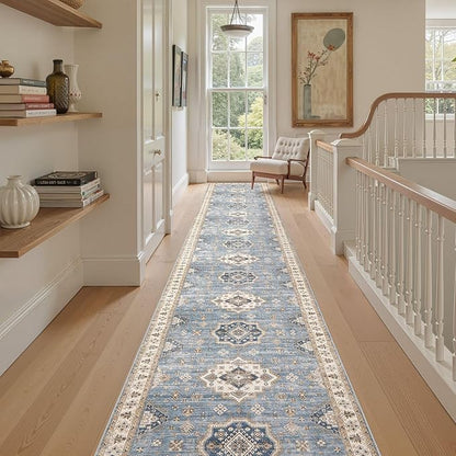 Washable 3x20 Runner Rug - Area Rugs Neutral Vintage Distressed Floral Farmhouse Boho Large Soft Floor Rug Indoor Carpet for Hallway Entryway Home - Blue
