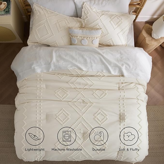 Bedsure Boho Comforter Set Full - Mineral Blue Tufted Bedding Comforter Set, 3 Pieces Farmhouse Shabby Chic Embroidery Bedding Set, Soft Geometric Pattern Comforter for All Seasons