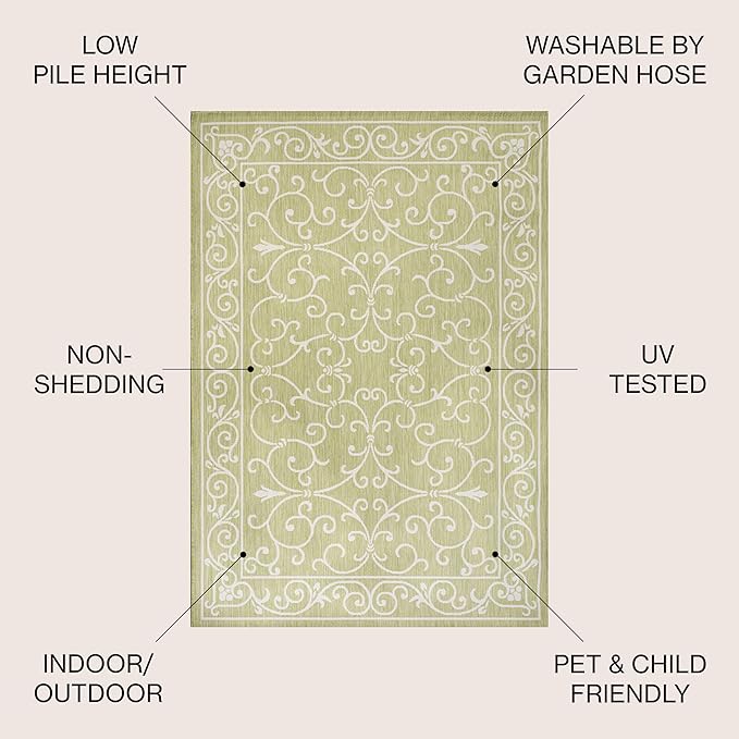JONATHAN Y Vintage Filigree Indoor Outdoor Area Rug 5X8 Green/Cream, Charleston Textured Weave for Backyard, Patio, Porch, Easy-Cleaning, High Traffic, Pet-Friendly, Non-Shedding (SMB106H-5)