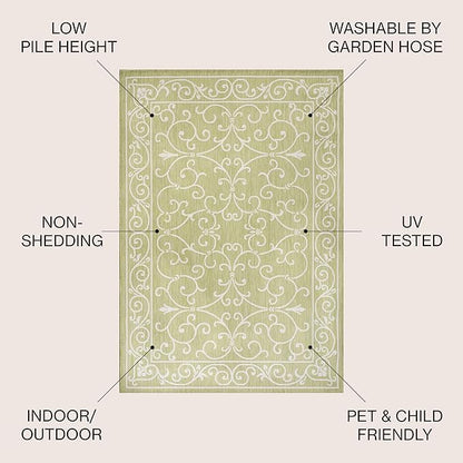 JONATHAN Y Vintage Filigree Indoor Outdoor Area Rug 4X6 Green/Cream, Charleston Textured Weave for Backyard, Patio, Porch, Easy-Cleaning, High Traffic, Pet-Friendly, Non-Shedding (SMB106H-4)