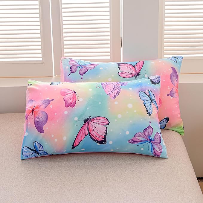Btargot 3 Piece Butterfly Pattern Girls Comforter Set with 2 Pillow Covers, Gradient Line Rainbow Printed Bedding Set for Women, Queen Multi Color
