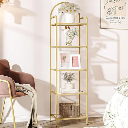 Bookcase Bookshelf, Tempered Glass Bookshelves, Slim Shelving Unit for Bedroom, Bathroom, Home Office, Steel Frame, 5 Tier Gold BC05001G