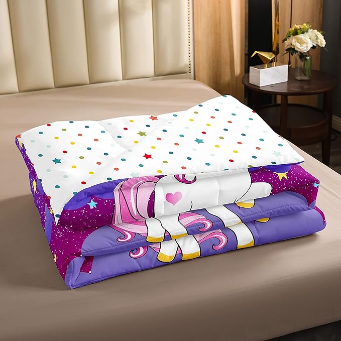 Erosebridal Kids Unicorn Down Comforter Queen Size Girls Comforter Set Cute Unicorn Print Bedding Set Girls Comforter Unicorn Kids Animal Cartoon Bedding Children White Unicorn Duvet Set, Purple
