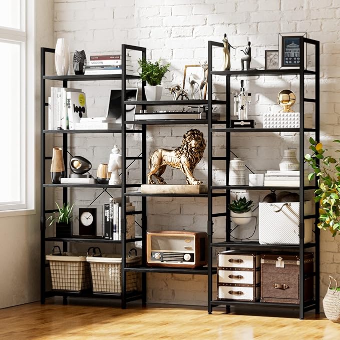 NUMENN Triple Wide 5 Tier Bookshelf, Rustic Industrial Style Bookcases and Bookshelves with 14 Open Display Shelves, Modern Tall Bookcase Furniture for Bedroom, Living Room and Home Office, Black