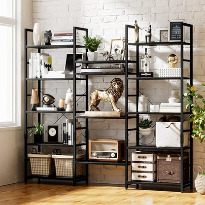 NUMENN Triple Wide 5 Tier Bookshelf, Rustic Industrial Style Bookcases and Bookshelves with 14 Open Display Shelves, Modern Tall Bookcase Furniture for Bedroom, Living Room and Home Office, Black