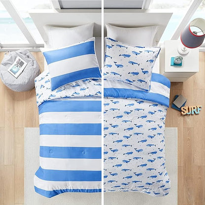 Mizone Kids Blake Reversible Dolphin Comforter Set - Adventure Animal Adorable Print with Stripe Reverse, Fun Bedroom Décor, Modern All Season Kids Bedding, Matching Sham, Full/Queen, Blue 3 Piece
