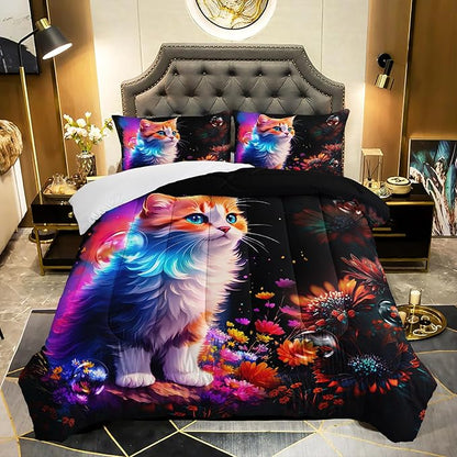 Cartoon Kawaii Cat Comforter Set Full Size 3D Animals Flower Toddler Bedding Set Cat Lovers Animal Bubble Design Quilt Bed Set for Girls Kids Teens