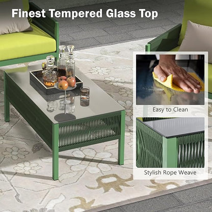 4 Piece Patio Furniture Set, Outdoor FSC Certified Acacia Wood Conversation Set, All-Weather Rope Sofa Set w/Tempered Glass Table, Loveseat for Lawn Balcony Poolside, Backyard, Backyard