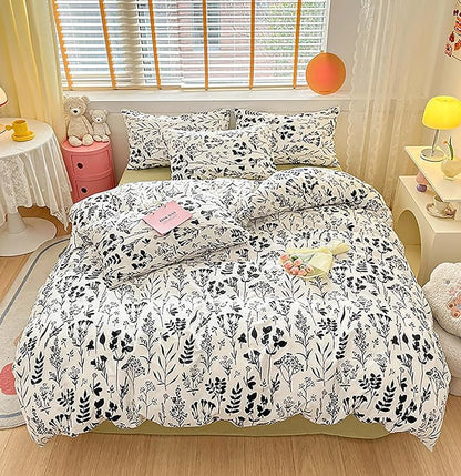 Black Botanical Comforter Set Twin White Black Floral Plant Bedding Comforter Set Girls Garden Pattern Printed on White Blanket Rustic Leaf Blossom Women White Farmhouse Comforter Twin