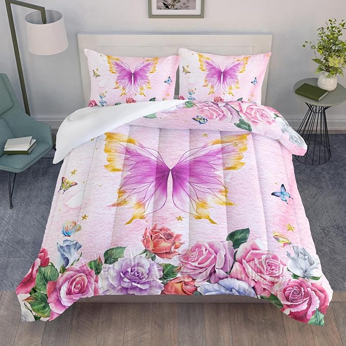 Butterfly Comforter Set for Girls Kids Adults Butterfly Rose Bedding Set Aesthetics Butterflies Quilt Duvet Set Queen Size with 1 Comforter and 2 Pillowcases