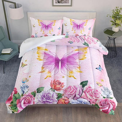Butterfly Comforter Set for Girls Kids Adults Butterfly Rose Bedding Set Aesthetics Butterflies Quilt Duvet Set Queen Size with 1 Comforter and 2 Pillowcases
