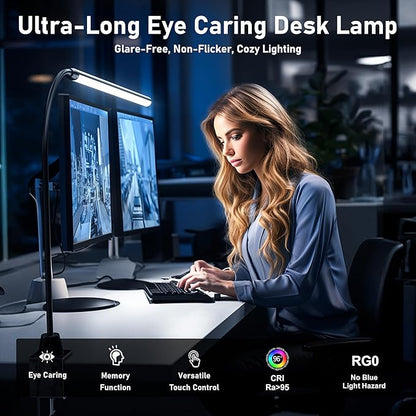 LED Clip on Light/Reading Light, 20" Ultra-Long Chips Bright Desk Lamp, 10%-100% Stepless Dimming & 3 Color Modes Office Lamp with 360° Gooseneck Memory Function Clamp Light for Working