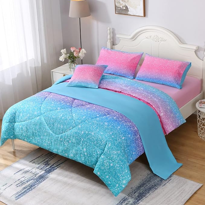 JQinHome Girls Comforter Sheet Set Full Size 6 Piece Bed in A Bag 3D Colorful Pink Rainbow Themed Bedding Set for Girls Women 1 Comforter,2 Pillowcases,1 Flat Sheet,1 Fitted Sheet,1 Cushion Cover