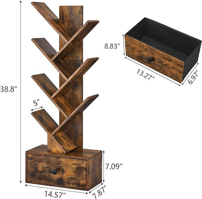 7 Tier Tree Bookshelf with Drawer, Tree Bookcase, Floor Standing Tall Wood Bookshelves for Bedroom, Living Room, Home Office, Rustic Brown