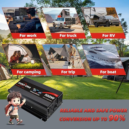 500 Watt Inverter with LCD Display 12V DC to 110V/120V AC 1000 Watt(Peak) Car Power Inverter with 2 AC Outlets 20W PD USB-C and 18W QC USB-A Power Converter for Car, Laptops, Road Trip