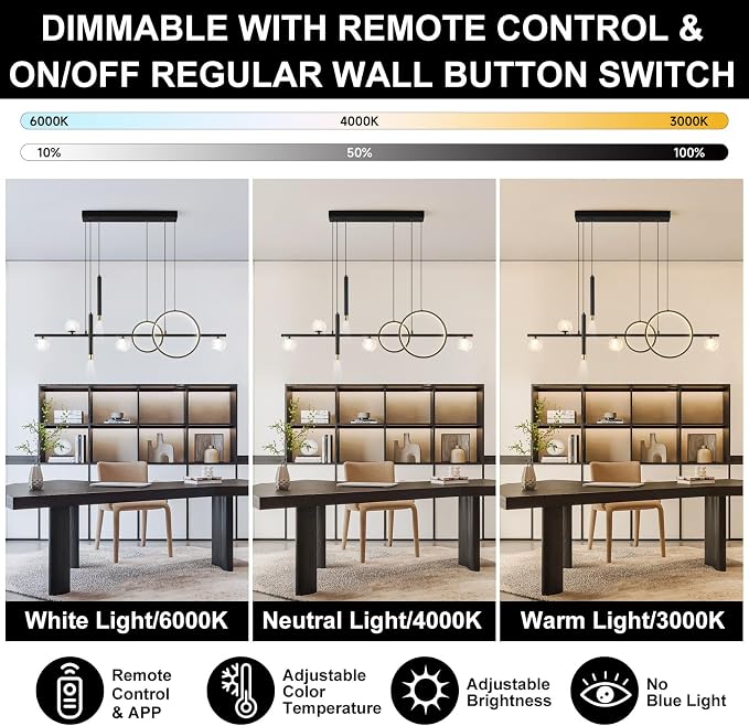 ORANOOR Modern LED Pendant Lights, Dimmable 47inch Linear LED Chandelier | Upgraded Black & Gold Dining Room Hanging Light Fixtures Kitchen Island Globe Pendant Lighting for Dining Table (4200lm)