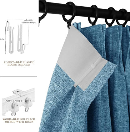 Blue Pinch Pleat 100% Blackout Drapes Linen Blend, Room Divider, Room Darkening, Energy Saving, Furniture Protecting, Light Blocking Extra Wide Privacy Curtains, 240Wx84L, 1 PC