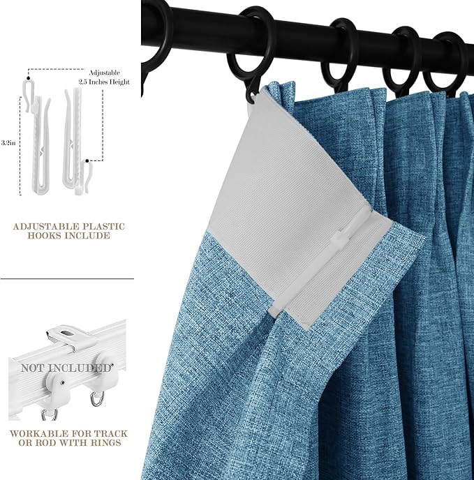 100% Blackout Linen Textured Drapes for Bedroom Pinch Pleated Curtains for Track System Portable Drapery for Sliding Glass Door/Storage/Space Room Divider, 70" Wx96 L, 1 PC, Blue