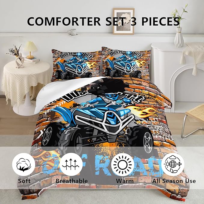 Axolotl Quad Bike Bedding Set Queen,Dirt Bike Comforter Set,Extreme Sports Bedding Set,Sports Theme Comforter Set,Tractor Truck Bedding,Motorcycle Comforter for Kids Boys Teens,1 Quilt 2 Pillowcases