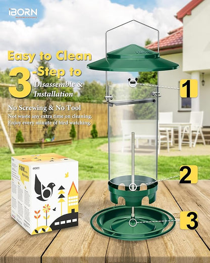 iBorn Metal Bird Feeders for Outdoors Hanging,Wild Bird Feeders for Cardinal,18cm Large Roof&Tray New Green 6 Port (Seed is not Included)