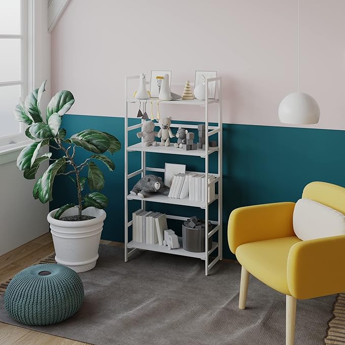 No-Assembly Folding Bookshelf Storage Shelves 4 Tiers Vintage Multifunctional Plant Flower Stand Storage Rack Shelves Bookcase for Home Office(All White)