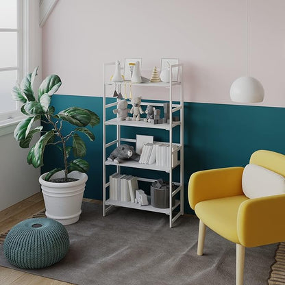 No-Assembly Folding Bookshelf Storage Shelves 4 Tiers Vintage Multifunctional Plant Flower Stand Storage Rack Shelves Bookcase for Home Office(All White)