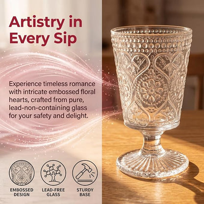 ZAVOOS Set of 6 Clear Glass Goblet, 12 Oz Vintage Romantic Wine Glasses | Embossed Floral Glass Cups Set, Bar Tumbler Drinking Glassware for Iced Tea, Wine, Beer, Juice, Cocktail, Whiskey