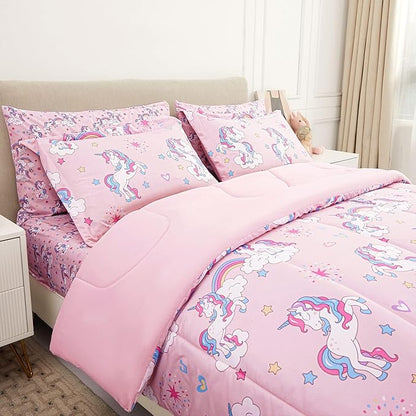 Mooreeke Kids Comforter Bed Set Twin Size for Girls, 6 Pieces Bed in a Bag with Shams, Sheet Set, Pink Unicorn Double Soft Microfiber Kids Comforter Bedding Set