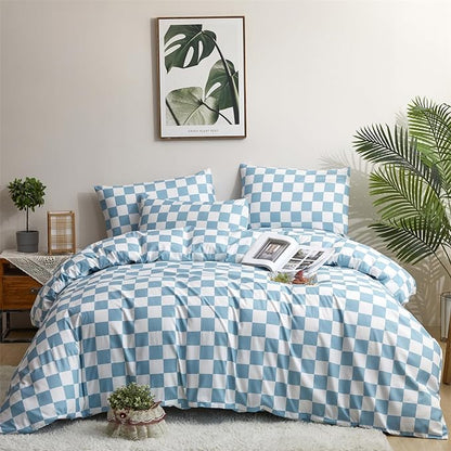 Wellboo Blue White Plaid Comforter Sets Full Women Men Light Blue and White Checkerboard Grid Bedding Comforters Cotton Boys Girls Modern Dusty Blue Checkered Geometric Quilts Luxury Sky Blue Bed