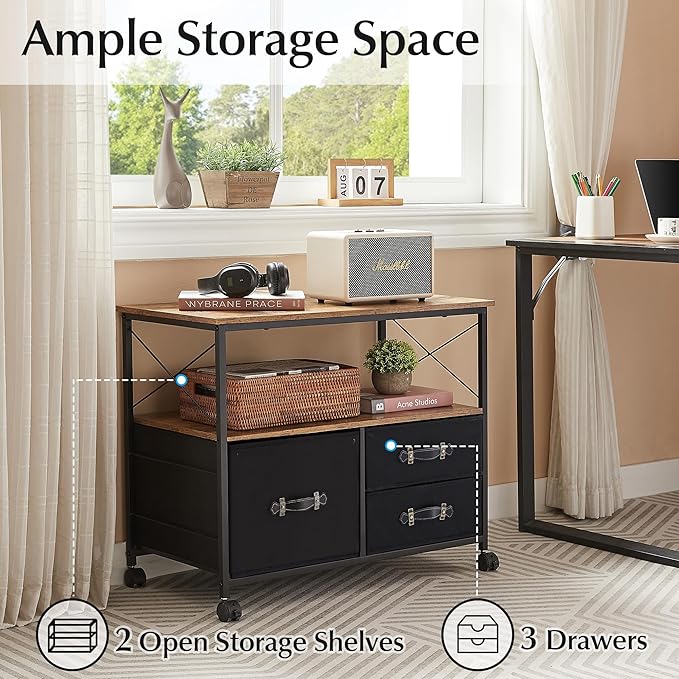 VECELO 3 Drawer Lateral File Cabinet Rolling Printer Stand with Open Storage Shelf, Fits A4 Or Letter Size, with Lockable Casters, Leather Handle, Ideal for Small Spaces, Brown+Black