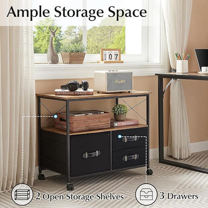 VECELO 3 Drawer Lateral File Cabinet Rolling Printer Stand with Open Storage Shelf, Fits A4 Or Letter Size, with Lockable Casters, Leather Handle, Ideal for Small Spaces, Brown+Black