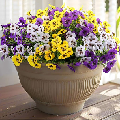 18 Bundles Artificial Fake Pansy Flowers for Outdoor, Faux UV Resistant Silk Pansies Flowers for Outside Planter Front Door Porch Yard Patio Window Box Home Decor (18, Purple, Yellow, White)