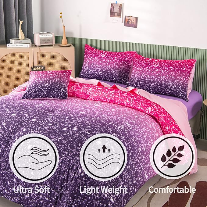RYNGHIPY 6Pcs Full Gradient Pink Purple Glitter Comforter Sets for Teens Girls Kids, Colorful Rainbow Glitter Themed Bedding Set