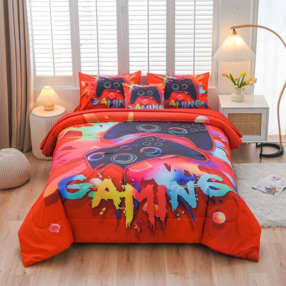 Aimuan Gaming Comforter Sets for Boys Kids Bedding Sets Video Games Console Action Buttons Novelty Colorful Game Gamepad Controller Modern Gamer Room Decor Home Quilt Set (Queen 6 Pcs,Red)