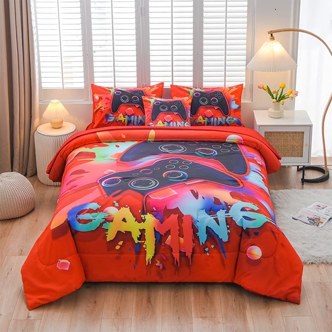 Aimuan Gaming Comforter Sets for Boys Kids Bedding Sets Video Games Console Action Buttons Novelty Colorful Game Gamepad Controller Modern Gamer Room Decor Home Quilt Set (Twin 6 Pcs, Red)