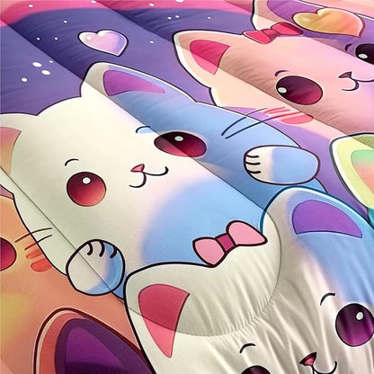 Rainbow Cat Comforter Queen Size - Rainbow Cat Bedding for Girls Room Cute Cartoon Rainbow Bedding Queen Comforter Sets for Kids, 1 Comforter+2 Pillowcases