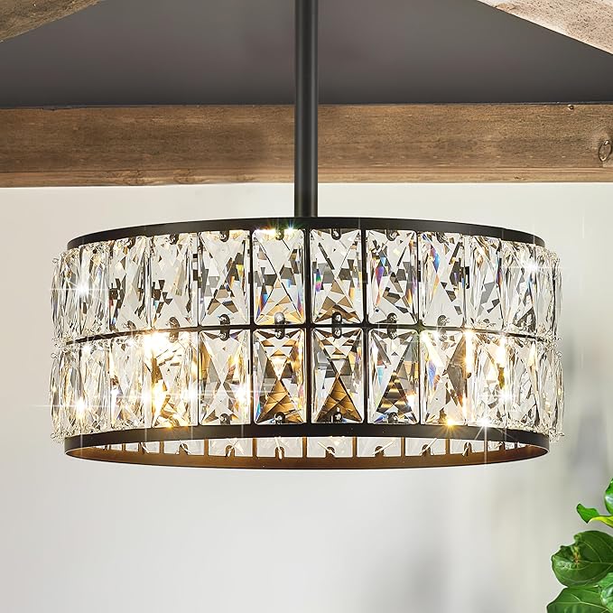 12” 3-Light Modern Crystal Chandeliers Black Dinning Room Light Fixture with Two Poles, Round Pendant Light Kitchen Island Chandelier, Flush Mount Ceiling Light for Living Room Entryway