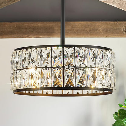 12” 3-Light Modern Crystal Chandeliers Black Dinning Room Light Fixture with Two Poles, Round Pendant Light Kitchen Island Chandelier, Flush Mount Ceiling Light for Living Room Entryway